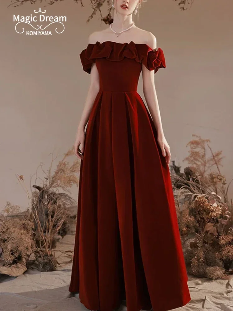 Elegant Temperment Shoulder Strapless Party Dresses Boat Neck Slim Waist Wedding Dresses Cross Lace Up Vintage Evenin