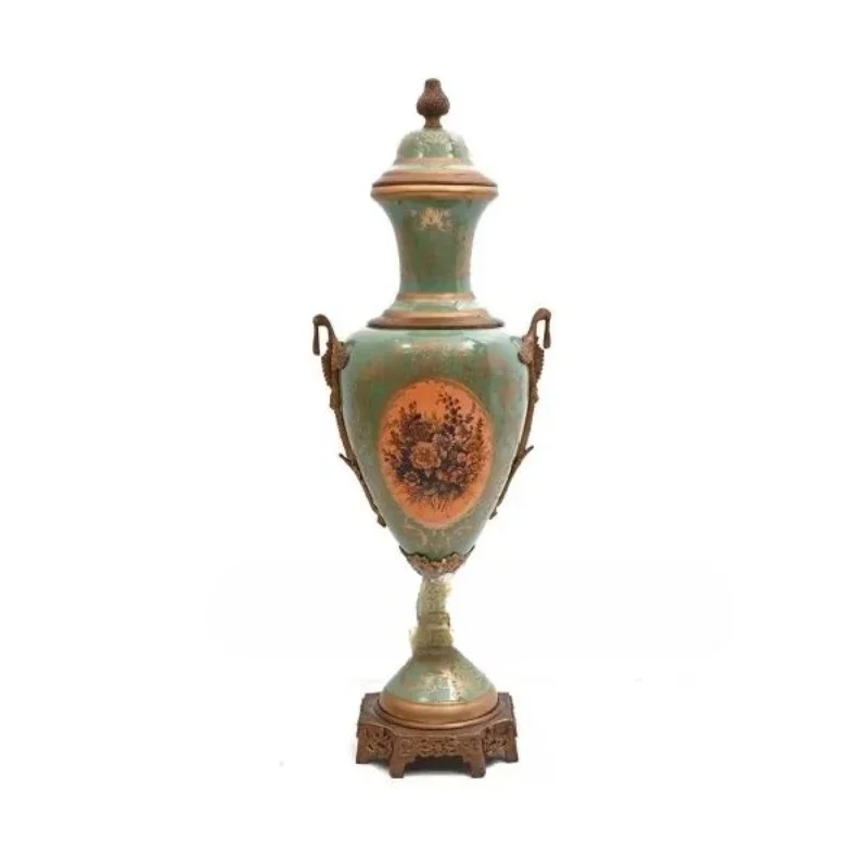 Antique Brass Porcelain Decorative Vase with Green Floral Painting Gorgeous Details Vintage Inspired Design