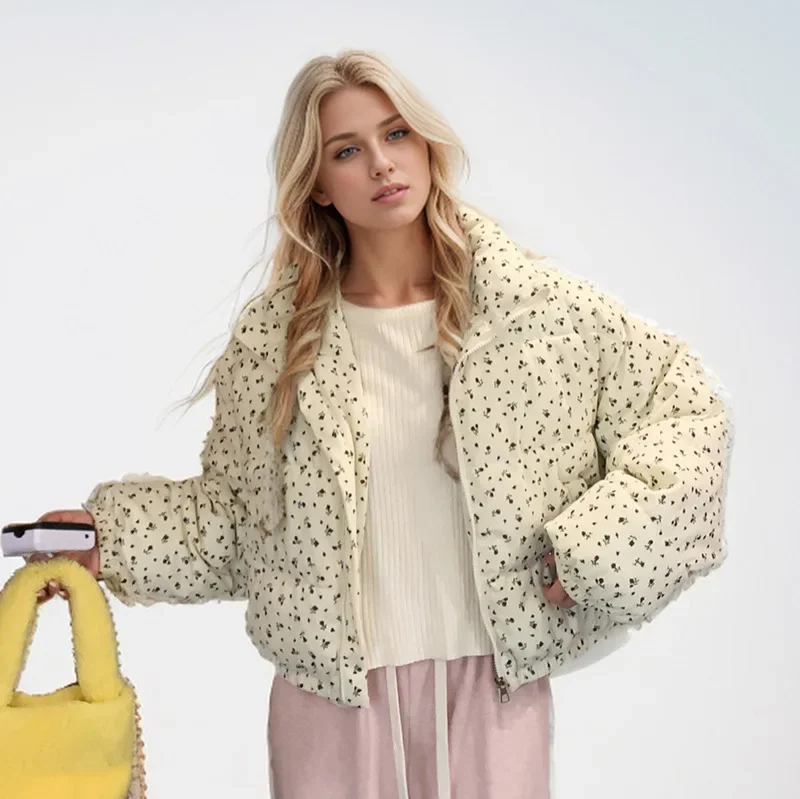 

Women's New Winter Jacket 2025 New Female Casual Lapel Floral Short Cotton Jacket Women Thicken Warm Parkas Top Women's Clothing