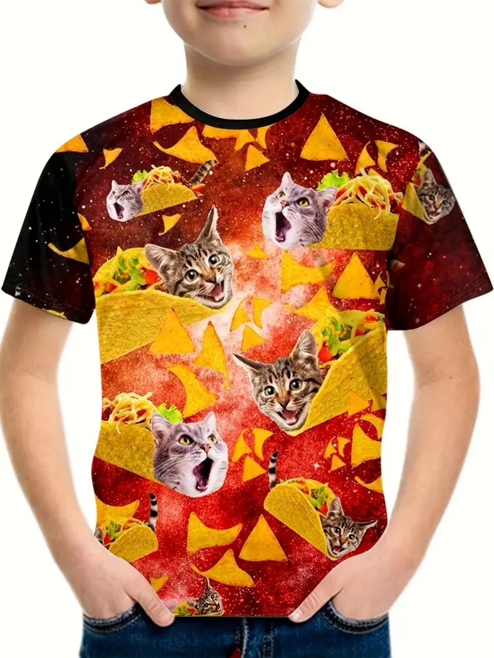 

Boy's T-Shirt Cute Cat Taco Pizza Pattern 2025 Summer Short Sleeve Tops Colorful 3D Print Boys Clothes Loose Children's Clothing