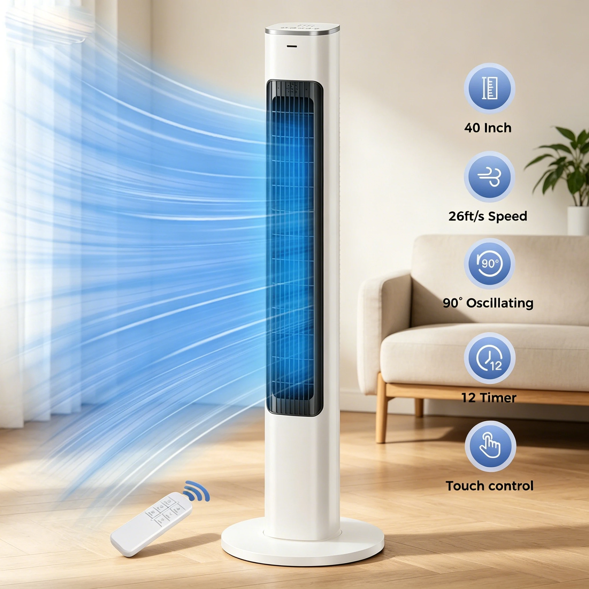 Ventilateur sur pied électrique Patbrela 40 pouces, ventilateur colonne pour chambre à coucher, 4 vitesses, 51 °   Oscillation, télécommande, minuterie 12H, 45W avec commande tactile