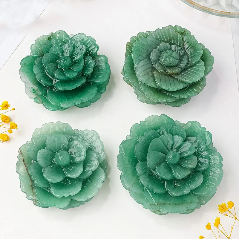 

Green Aventurine Flower Carving Natural Quartz Crystal Flower Sculpture Arts Crafts Home Decoration Gift