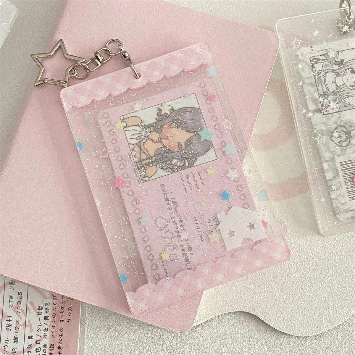 Glitter Card Holder with Star Keychain Student Campus Card Protective Cover Transparent Korean Idol Photocard Sleeve Display