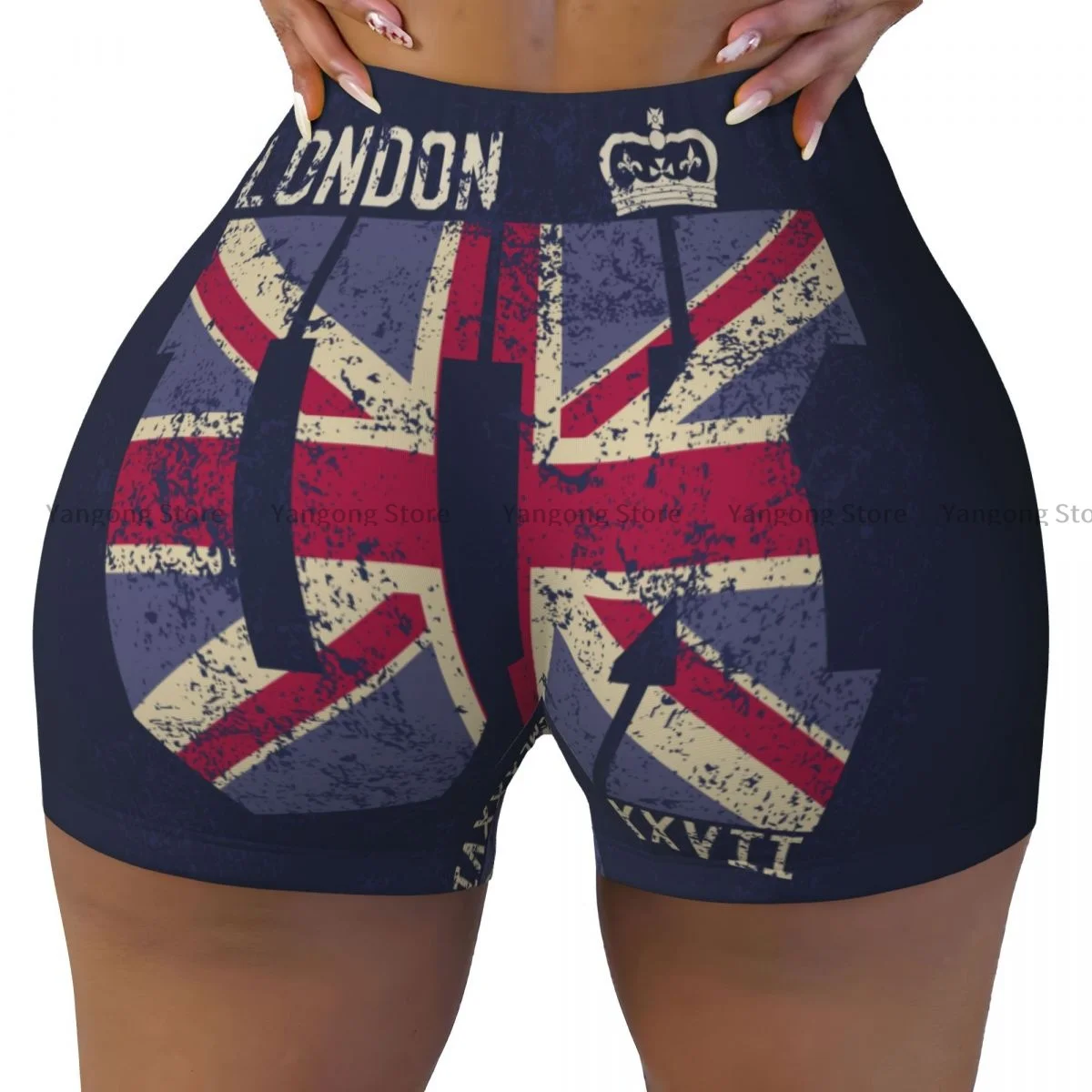 

Women's Yoga Shorts Vintage London United Kingdom Flag Scrunch Booty Butt Lifting Comfort Fitness Gym