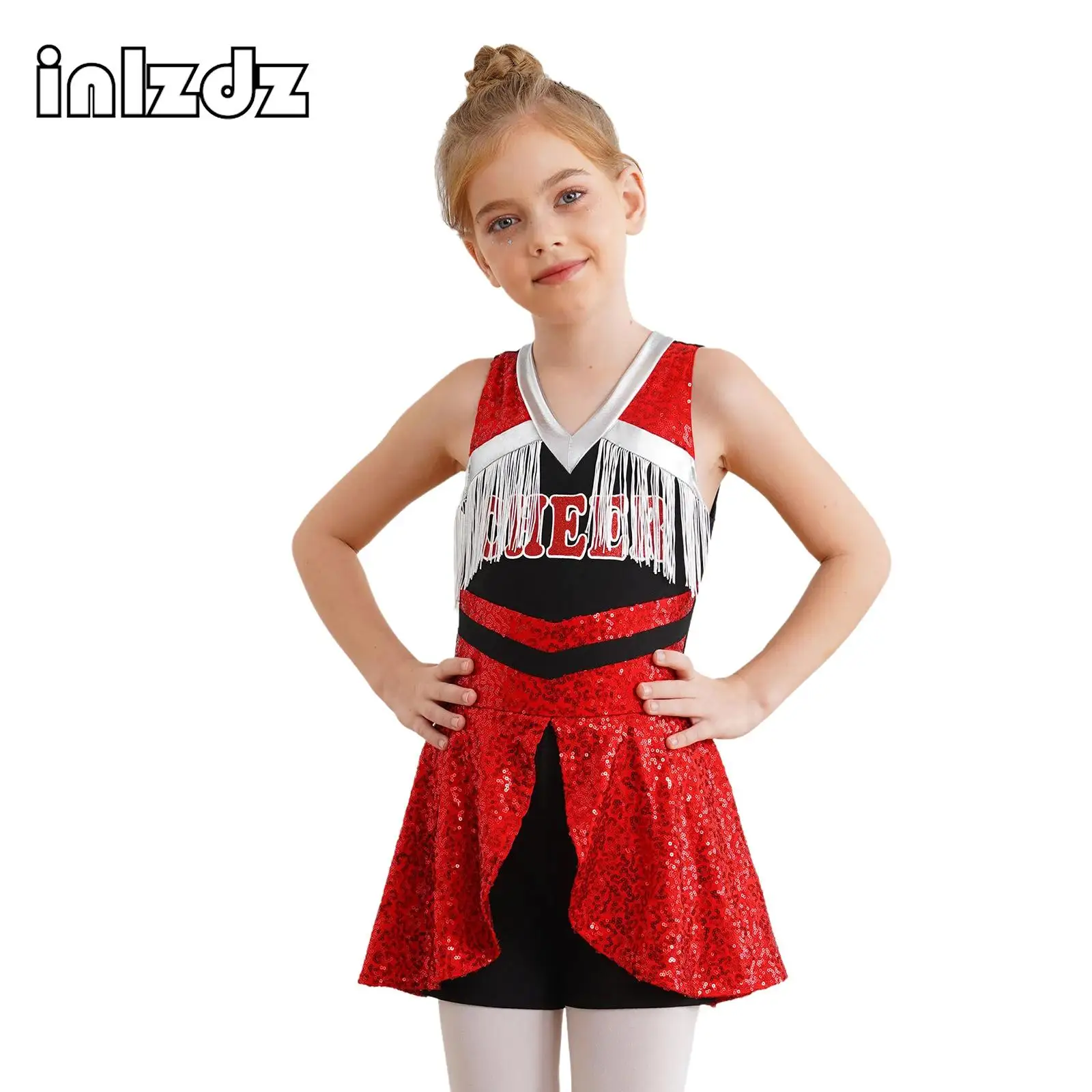 

Kid Girl Cheer Leader Dance Bodysuit V Neck Sleeveless Sequins Tassels Boyshorts Jumpsuit Cheerleading Uniform Modern Dancewear