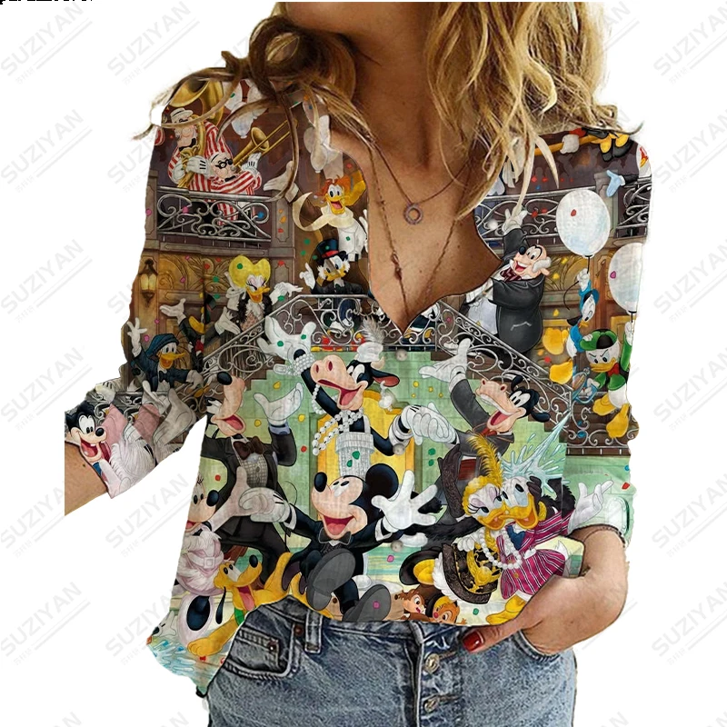 2023 nowy Disney Harajuku Slim Fit nadruk 3D damska luźna bluzka z długim rękawem do klapy casualowa śliczna koszula Plus rozmiar Y2K Michimini