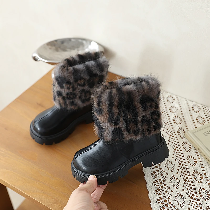 JGSHOWKITO New Winter Girls Leopard Boots Fashion Fluffy Children's Platform Boots Outdoor Catwalk Non-slip Kids Leather Boots