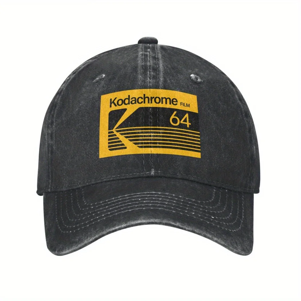 1pc Kodachrome 64 Vintage Logo Baseball Cap - Adjustable Men'S And Women'S Casual Cap, Light Black with Yellow Pattern Design, C