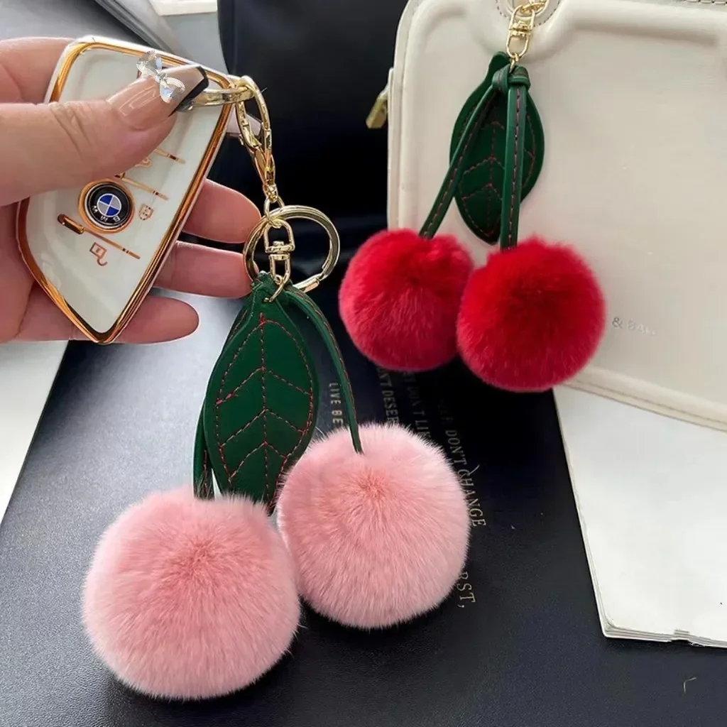 Real Otter Rabbit Hair Cherry Car Keychain Pendant Net Red INS Cute Plush Ball Bag Pendant Birthday Gift Schoolbag Travel