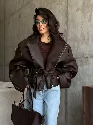 Notched Collar Belt Leather Jacket Solid Zipper Full Sleeve Short Coat Loose Coats 2025 Lady Daily High Street Fashion Jackets