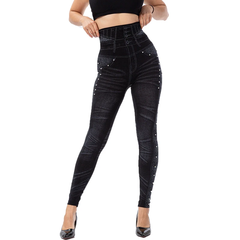 CUHAKCI High Waist Black Beading Fake Jeans Stretch Slim Fit Leggings Seamless Yoga Jeggings Sexy Women Overwear Trouses