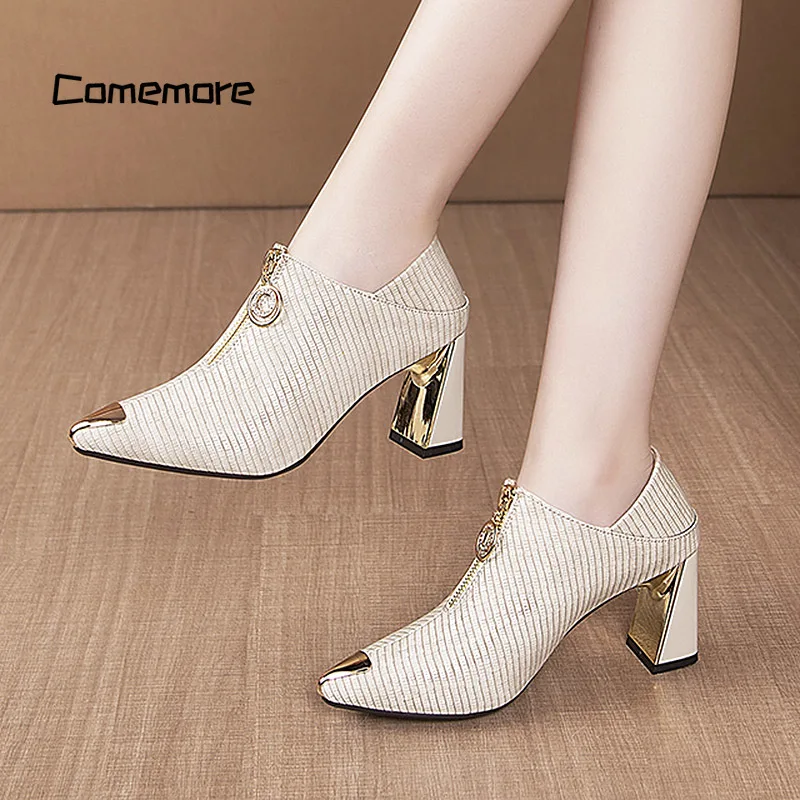 Comemore 2023 Autumn New Fashion Women Shoes Black Zip Leather Ladies Shoe Metal Pointed Toe Pumps Fashion Sexy High Heels Boots