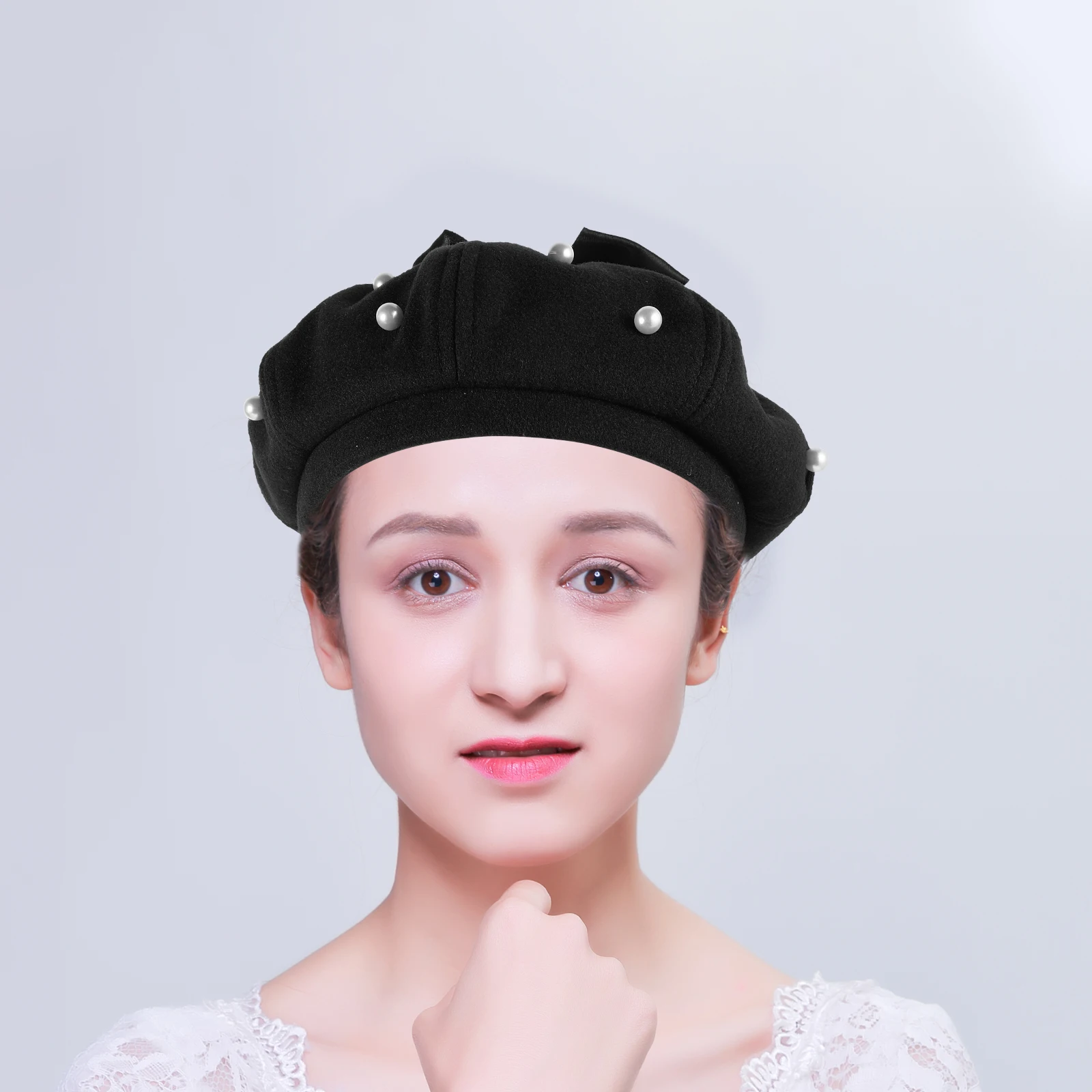 

Women'S Pearl Hat Black Bowknot Design Soft Artificial Wool Octagonal Vintage Style Classic Retro Cap Elegant Accessory For