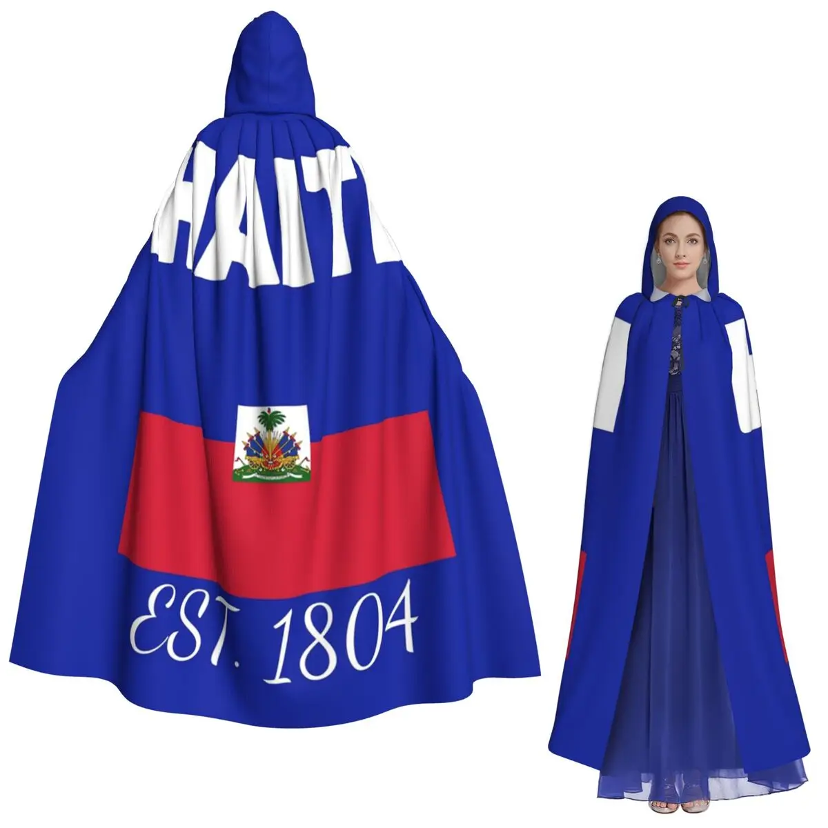 

Haiti EST. 1804 Independence Haitian Flag Merch Long Hooded Cloak Witch Medieval Costume Cosplay Cape HalloweenCoat Adult Unisex