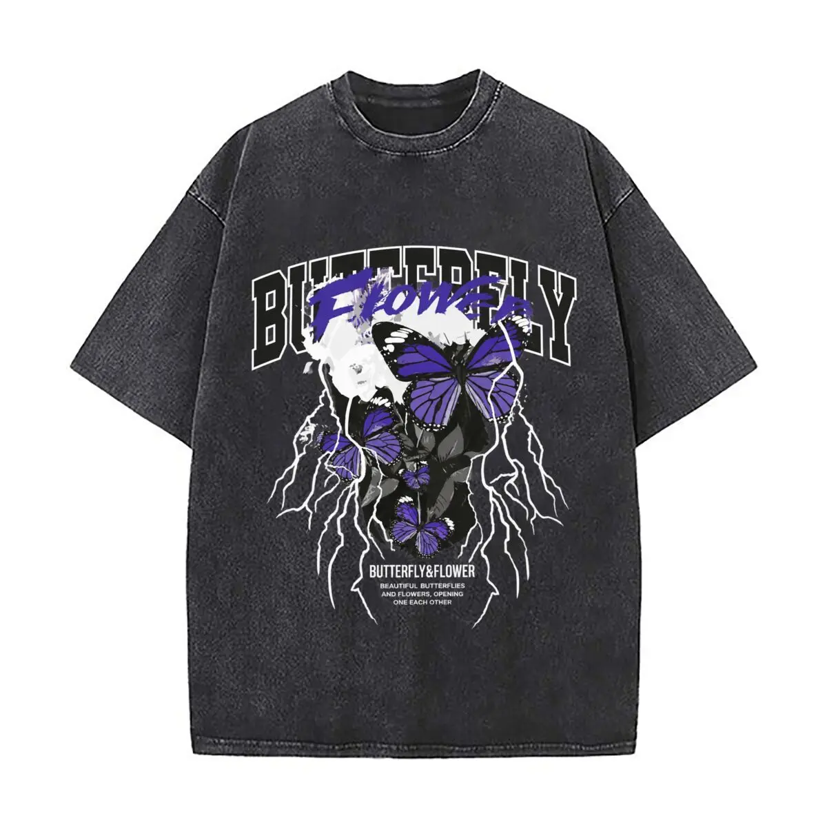 Butterfly Firepower Purple Floral Gothic Design Washed Distressed Loose Streetwear Tops for City Walks