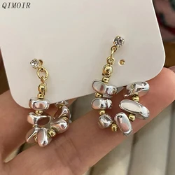 Irregular Two Colors Metal Earrings For Women Hoop Post Studs Cute Fashion Jewelry New Design Trendy Beads Style Girl Gift C1105