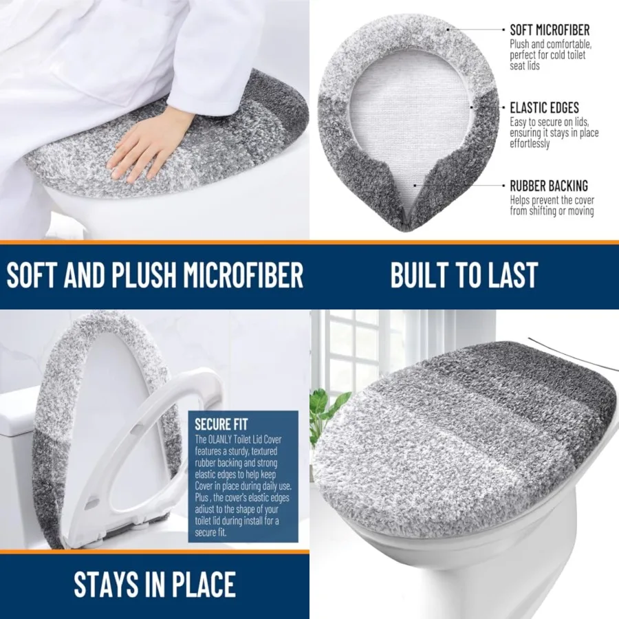 

Soft Microfiber Bathroom Toilet Lid Cover, Machine Washable Seat Covers, 17.5x15, Stays in Place Rubber Backing, Fits Most Round, Elongated and Oblong Lids, Accessories Decor, Gray