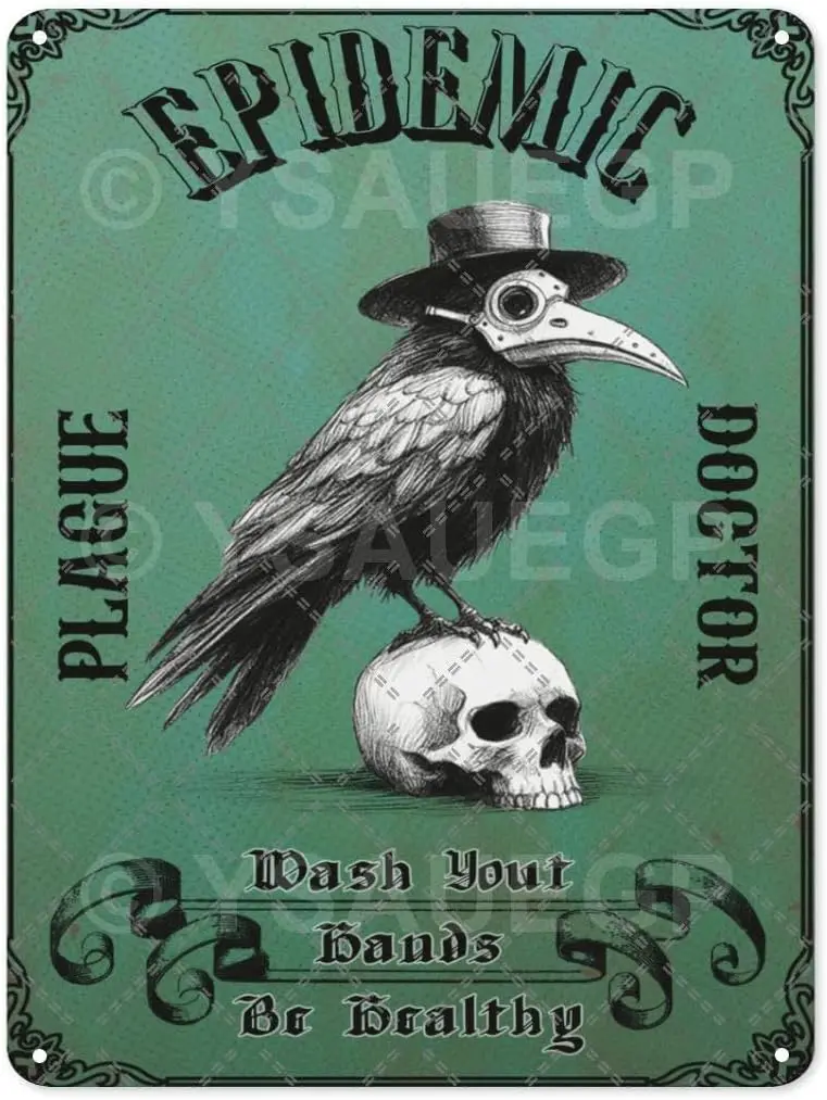 Vintage Raven Plague Doctor Tin Sign - Retro Wash Your Hands Tin Sign - Metal Wall Art for Home Bathroom Bedroom Cafes Bars Pubs