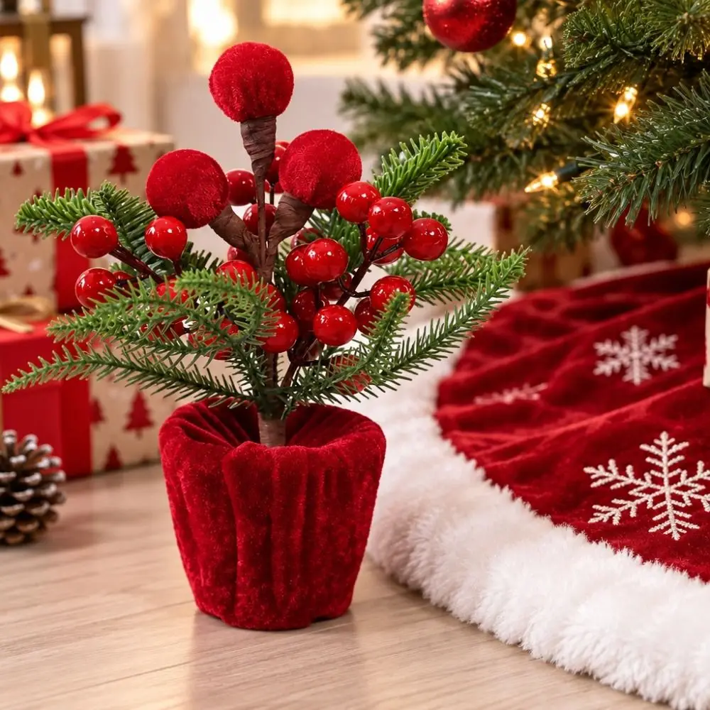 Velvet Fabric Red Christmas Ball Potted Plant Freestanding Artificial Pine Branches and Berries Potted Plant Ornament
