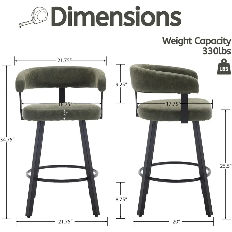 طقم كراسي بار من جلد البولي يوريثان مكون من 2 مقعد بارتفاع 25.5 مع مسند ظهر مبطن مفتوح ومقاعد بار منخفضة منجدة حديثة معي