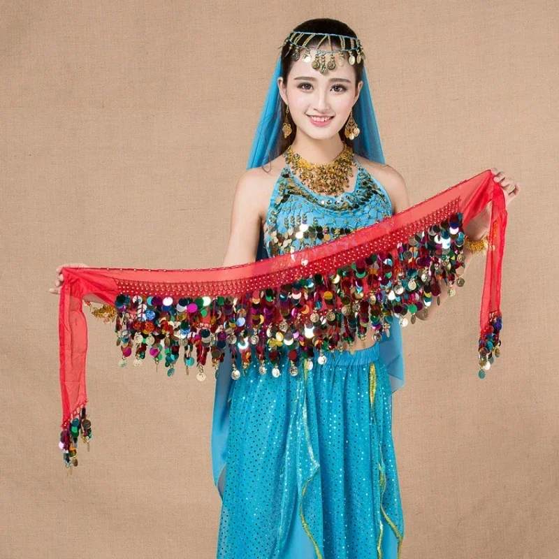 Belly Dance Clothes Indian Oriental Dance Belt Waist Chain Hip Scarf Women Sexy Dance Colorful Sequin Chiffon Skirt Gold Coins