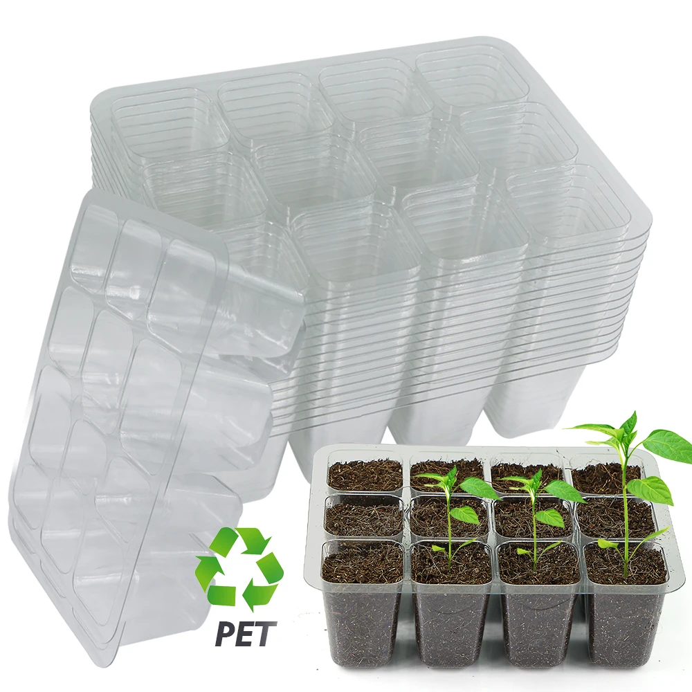 12-Cell PET Plastic Seed Starter Tray Transparent Seedling Grow Box 12 Holes Nursery Germination Pot for Plants Cultivation Grow