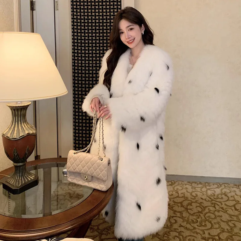 Faux Fur Long Coats Women Jackets V Neck Coat Thick Warm Y2k Streetwear Leopard Print Jacket Work Outerwear Autumn Winter