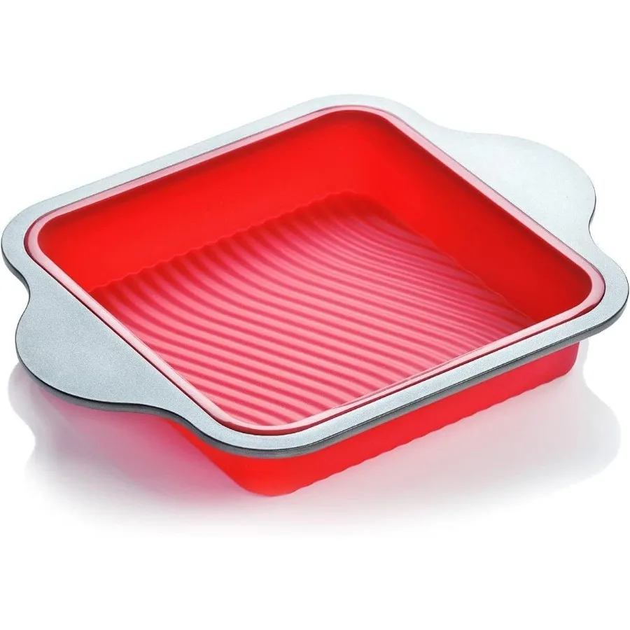 

Антипригарная силиконовая квадратная форма для торта и бровей 8x8 с удобными ручками в стальной раме. Легко снимается в духовке и в посудомоечной машине.