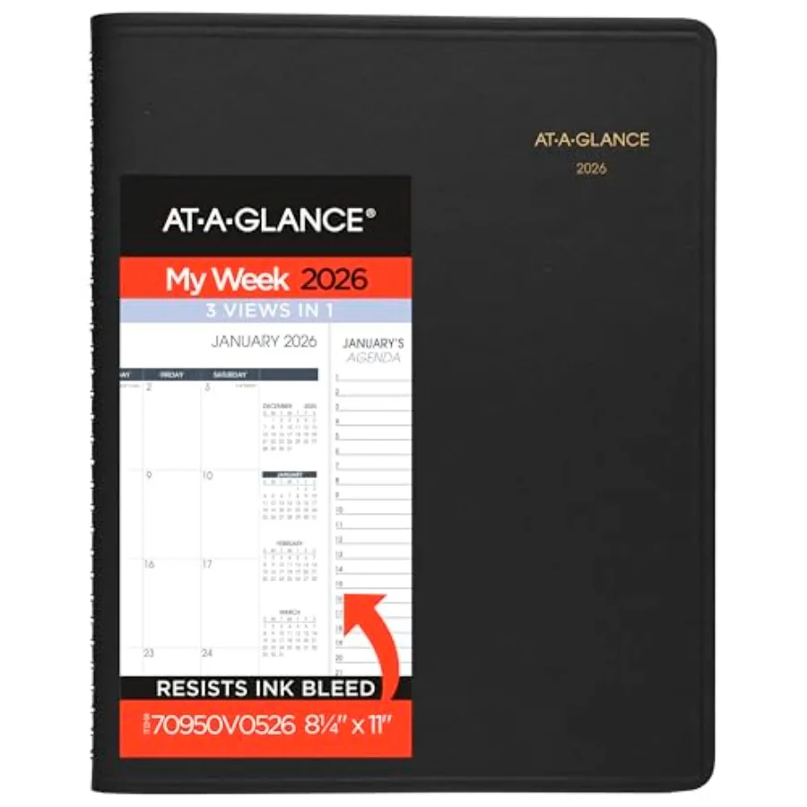 

2026 Appointment Book Planner Weekly and Monthly 8-1/4" x 11" Quarter-Hourly Triple View Black 70950V0526