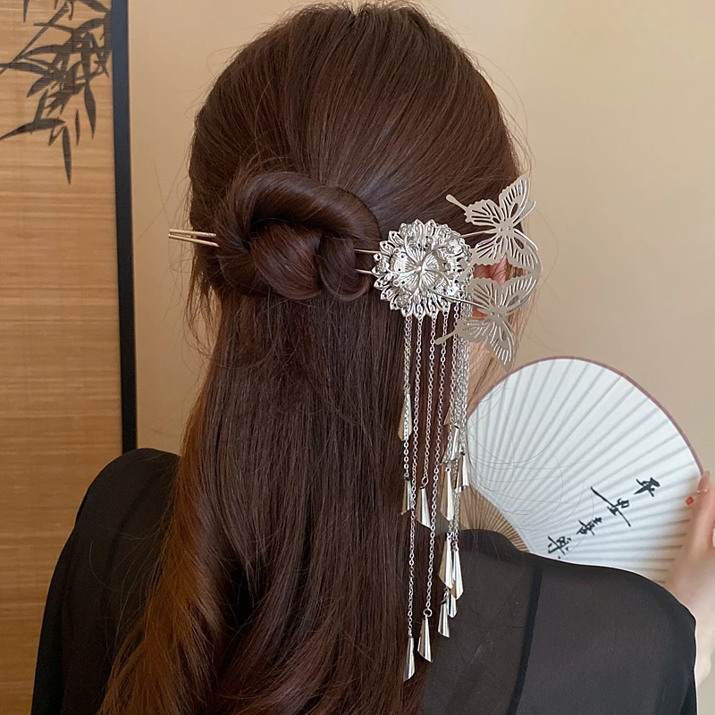 Neo-chinese Style Butterfly Flower Long Tassel Metal Silver Imitation Pearl Hair Sticks for Women Hairpins Exquisite Accessories