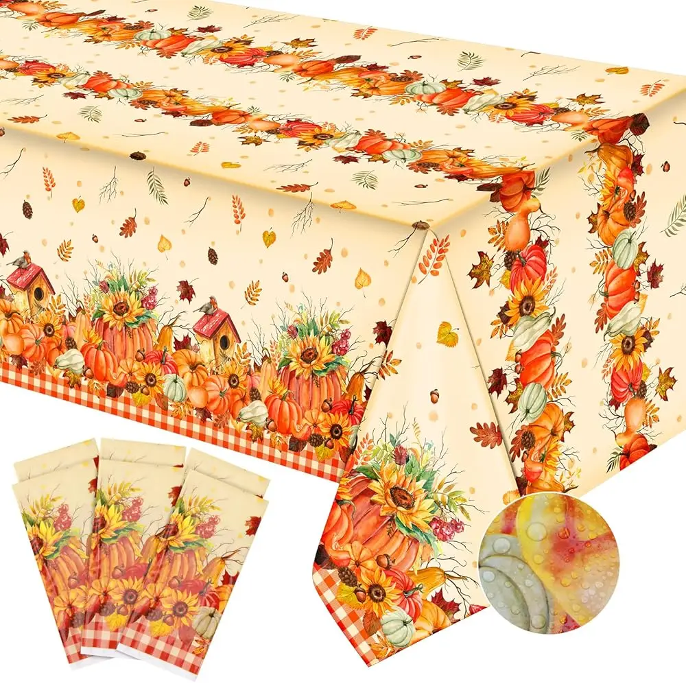 

Набор из 6 одноразовых пластиковых скатертей для осеннего стола на День Благодарения с кленовыми листьями и тыквами, водонепроницаемые, прямоугольные