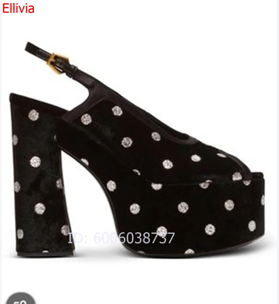 Women Peep Toe Platform Slingback Sandals Glitter Polka Dot Velvet Chunky Block Heel Adjustable Buckle Evening Party Dress Heels