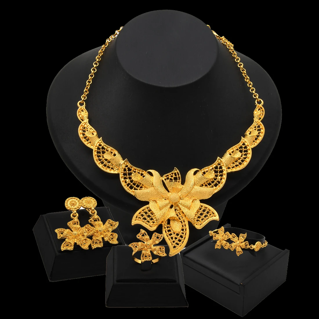 Nigerian Indian Bridal Necklace And Earrings Jewelry Sets For Women Dubai 24k Gold Color Flower Pendant Set Wedding Party Gifts