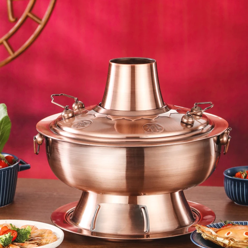 Thickened Stainless Steel Chinese Hot PotTraditional Beijing Style Copper Fondue Pot Old fashioned Cookware Set