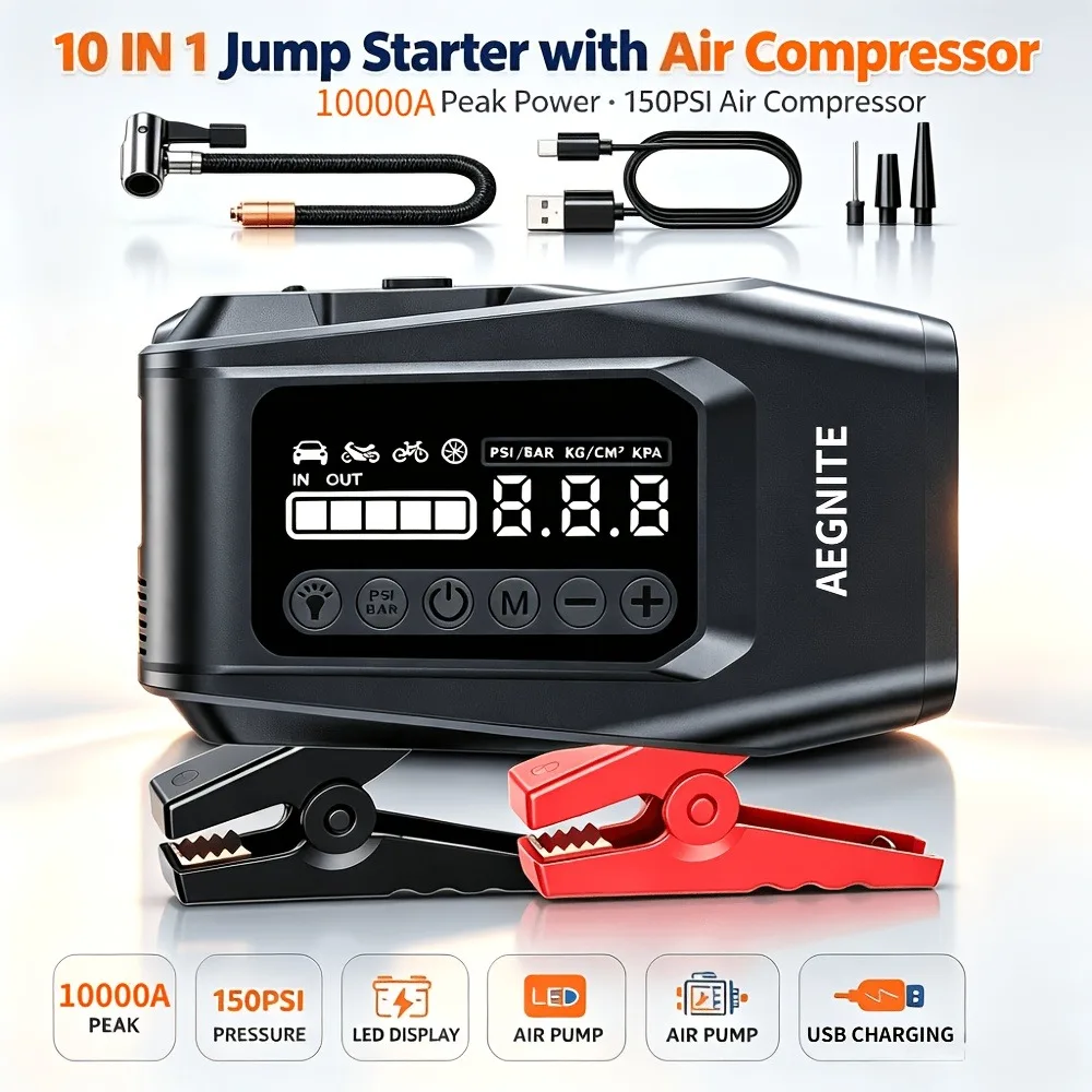 AEGNITE 10000A 10-in-1 Portable CarJump Start Jump Power Supply with Tire Inflator Combo 12V Battery Charger 150PSI Air Pump LED USB Quick Charge Input/Output Multi-Function Roadside Emergency Tool