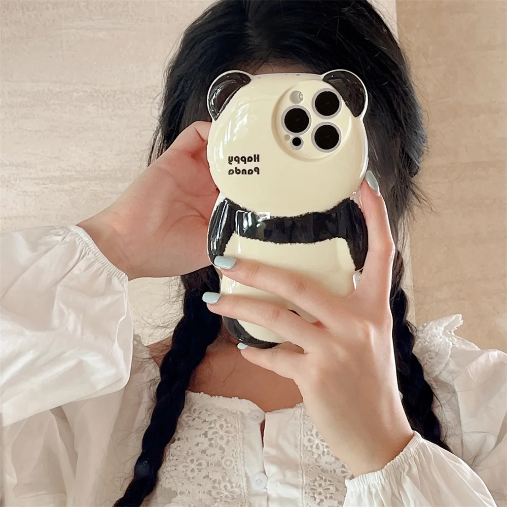 Cartoon 3D Panda Silicone Phone Case for iPhone 15 14 ProMax 11 12 13 Pro Max XR X Xs Max Lens Protection Plating Bumper Cover