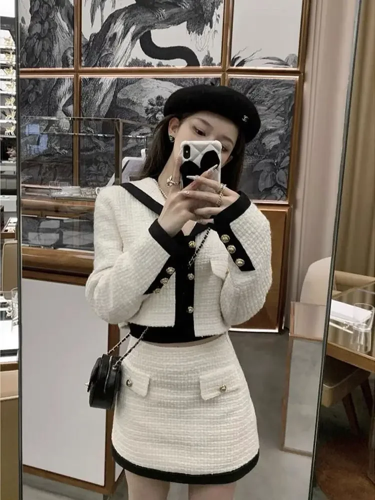 Insozkdg Autumn Skirt Suits Women Sailor Collar Elegant Short Jacket High-Waist Slimming Skirt High Quality Trendy Two Piece Set