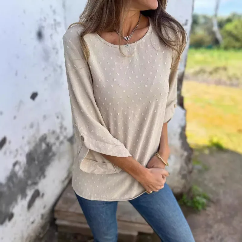 Women Swiss Dot Jacquard Blouse O Neck 3 4 Sleeve Loose Casual Chiffon Fashion Daily Wear Top view 4