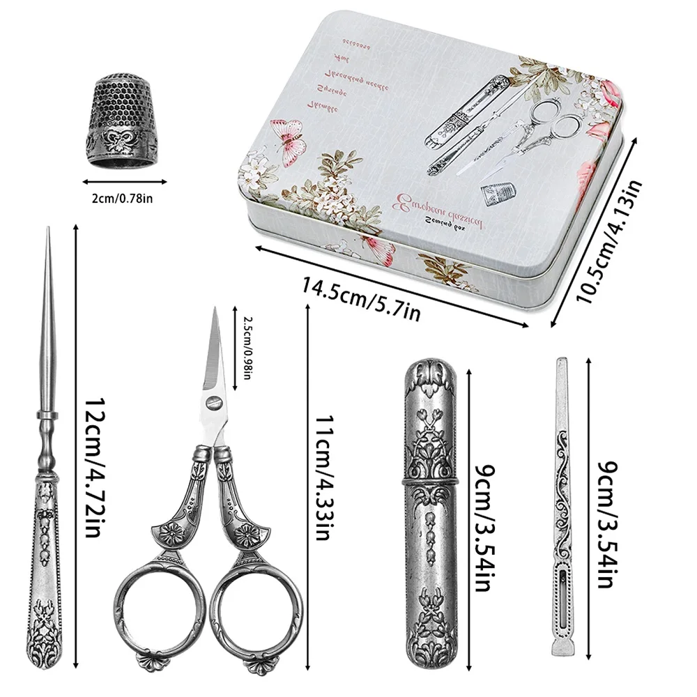 European Antique Vintage Sewing Kit with Embroidery Scissors Sewing Needle Case Awl for Sewing Craft