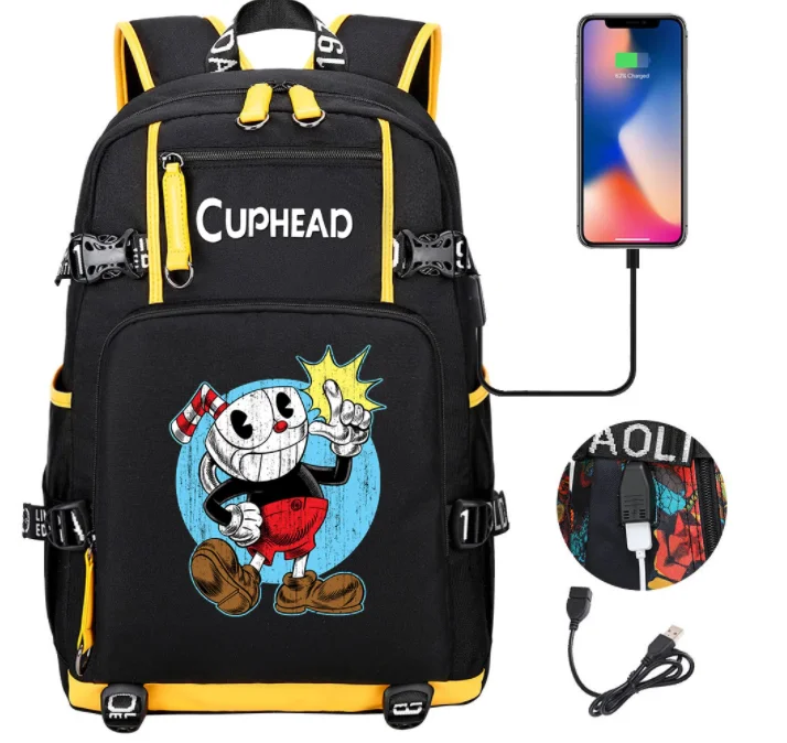 Cuphead gry Mugman plecak dziewczyny chłopcy tornister pojemna na Laptop torba wodoodporna USB wielofunkcyjne plecak z funkcją ładowania