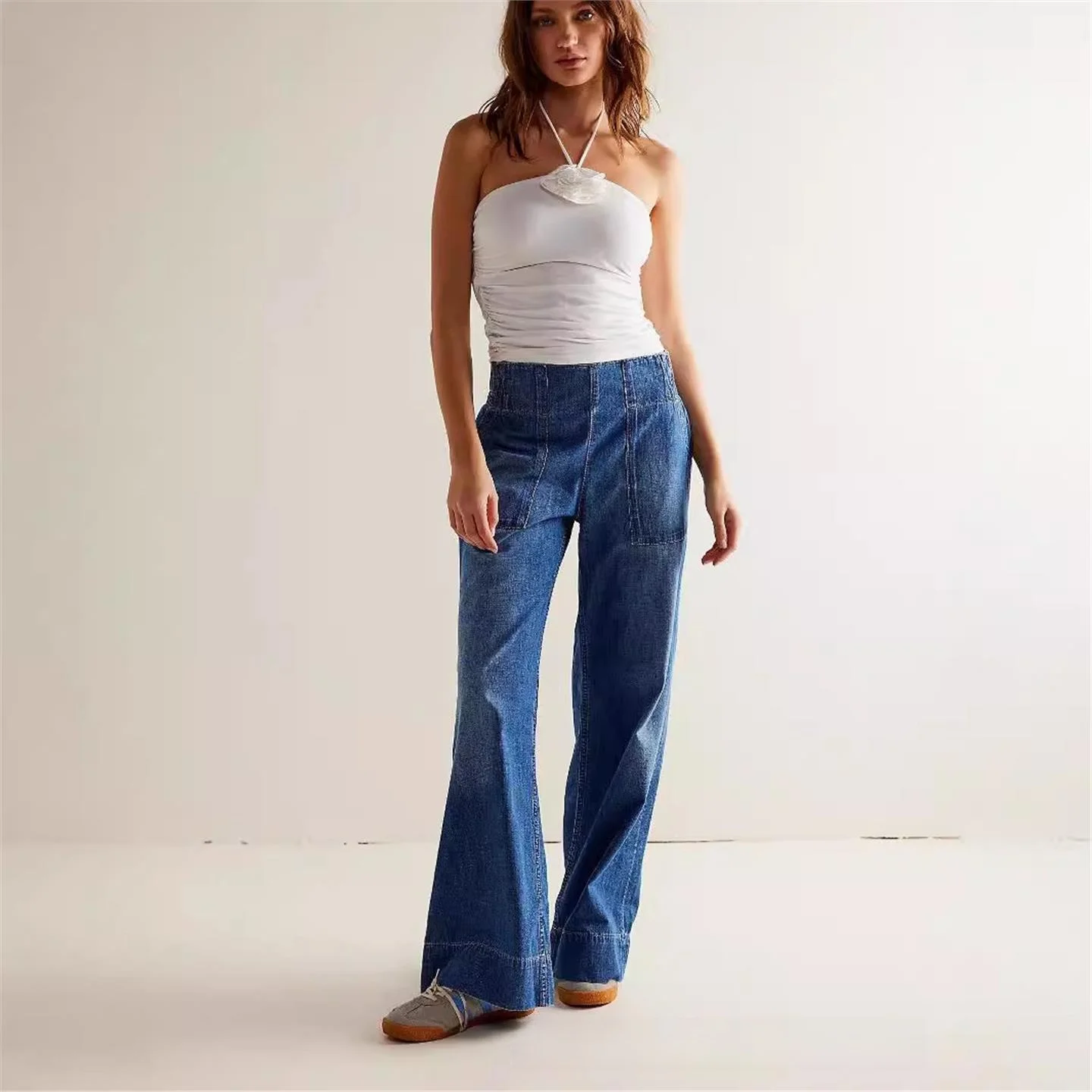 جديد 2025 جينز نسائي فضفاض واسع الساق بخصر مطاطي بنطال Faion غير رسمي متوسط الخصر من قماش الدنيم للسيدات #1