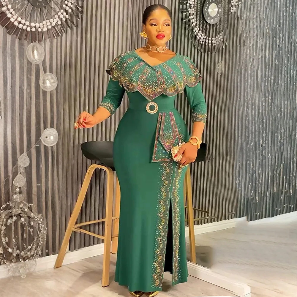 

Африканские вечерние платья для женщин Дашики с бриллиантами, облегающее длинное платье с разрезом, элегантное мусульманское свадебное вечернее платье в Турции, большие размеры