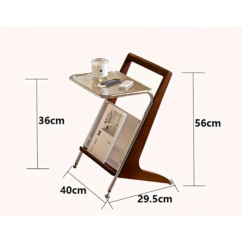 aModern Mobile Side Table with Lighting Wood Frame Metal Grid Shelf Multifunctional Rolling Accent Table for Living Room Bedroom