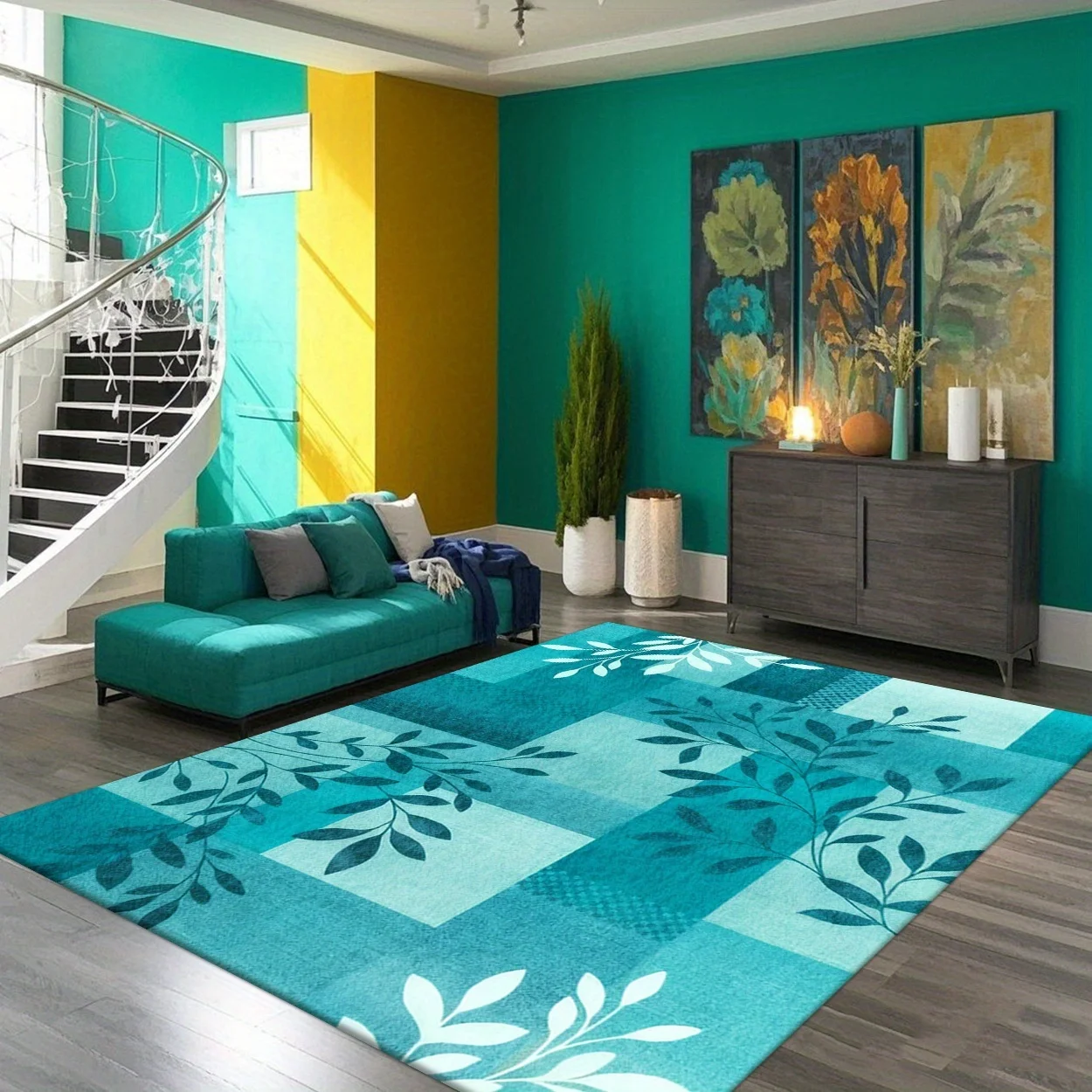 Teal Block Leaf Pattern Area Rug Living Room Bedroom Floor Mat Non-Slip Soft Decorative Carpet for Home