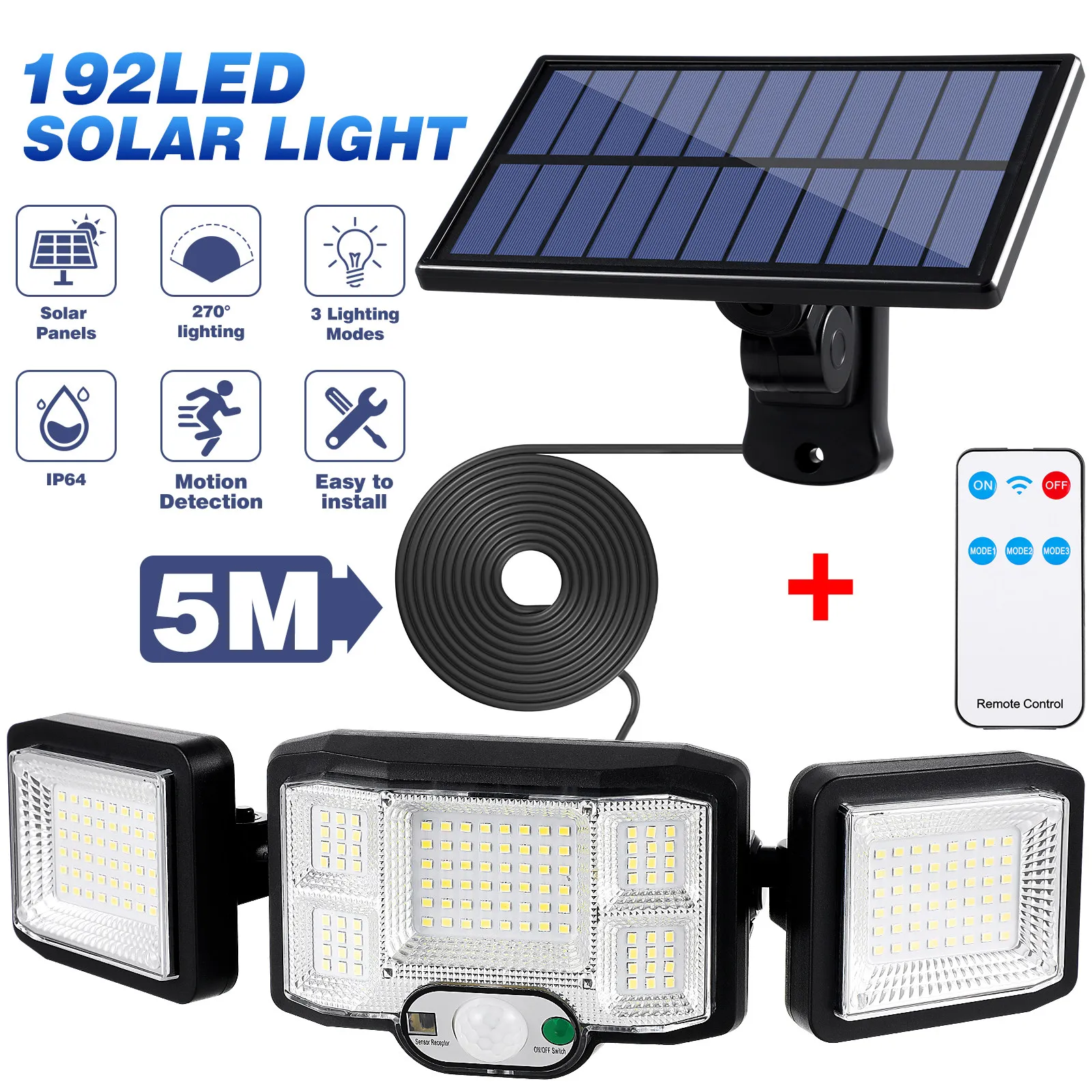

Solar 192 LED Three-Head Motion Sensor Light Outdoor Garden Yard Street Wall Solar Lights Remote Control Security Lighting