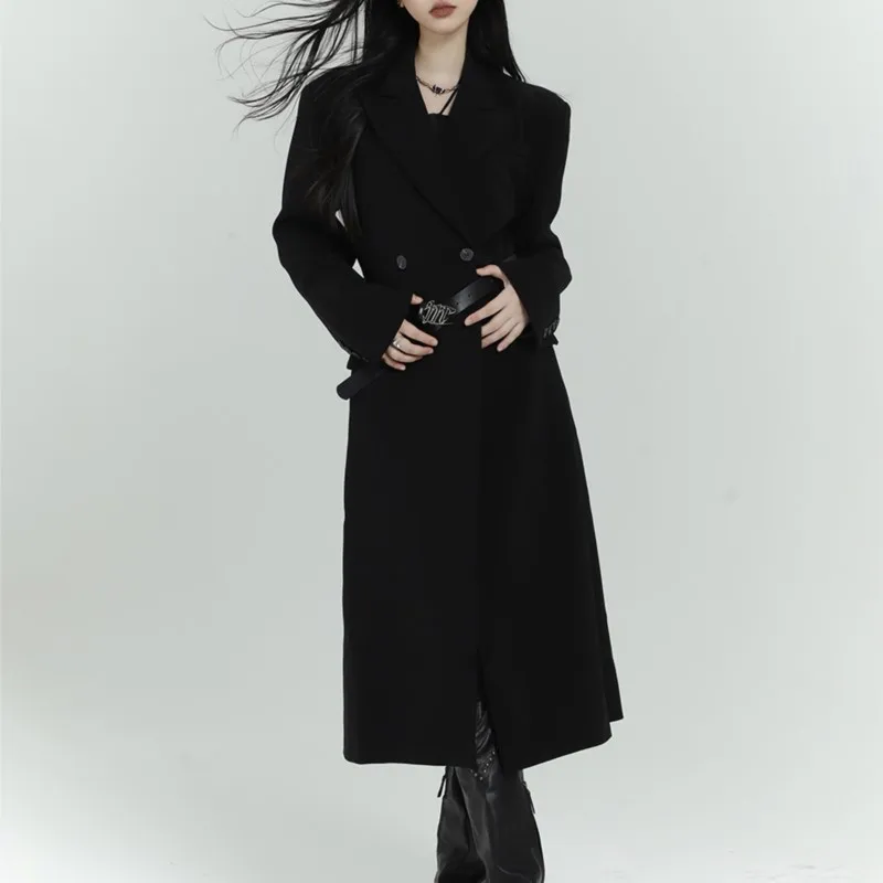 Black Waist-Tight Suit for Women New Mid-Length Trench Coat for Women Adult Lady like Woman