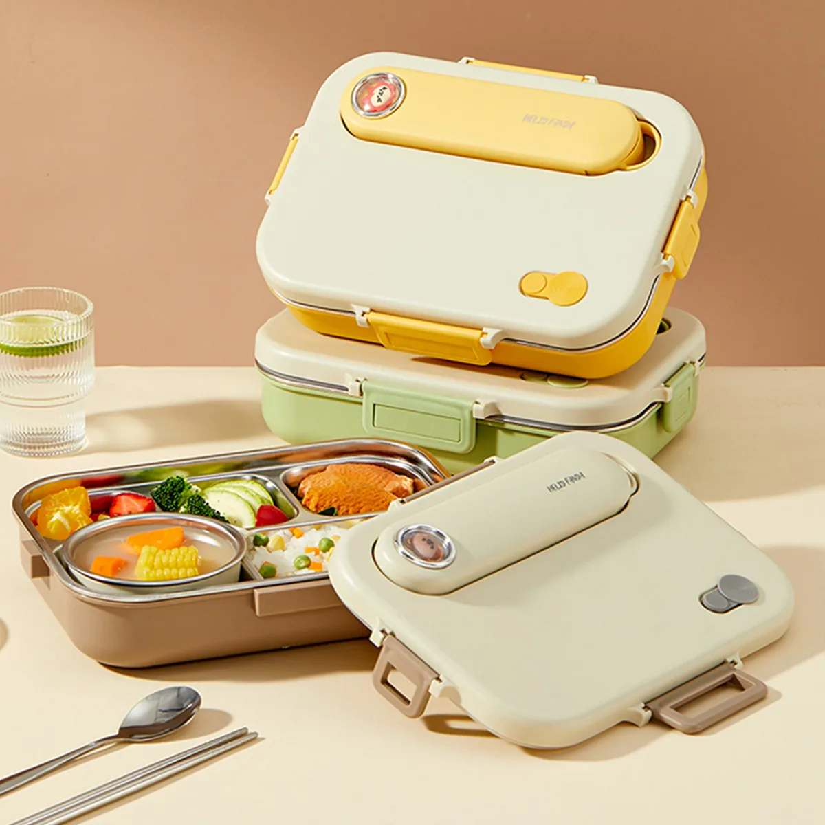 4/5 Grids Sealed Lunch Container With Bowl & Cutlery 304 Stainless Steel Divided Bento Lunch Box For Kids Student Microwave Safe