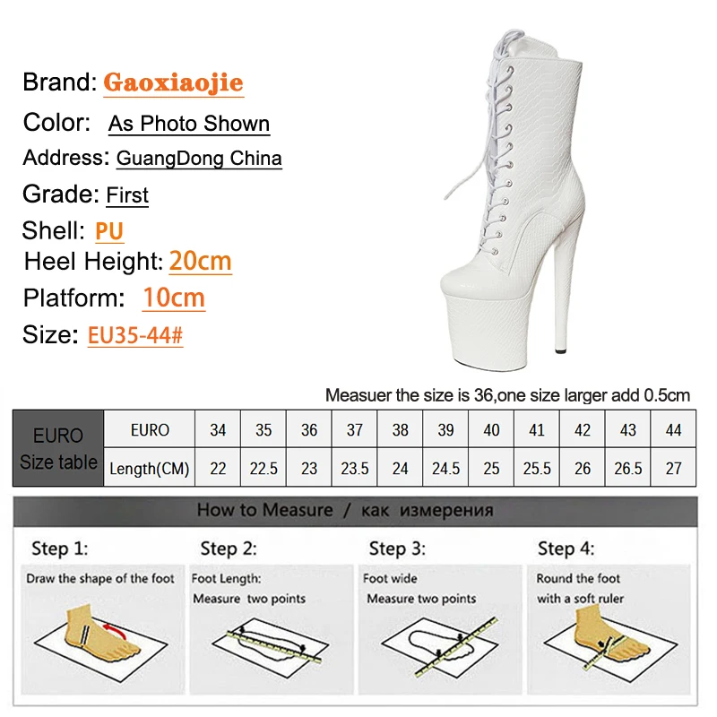 20CM Ankle Boots White Python Pattern Women High Heels Side Zipper Lace-up Thick Platform Short Boots Round toe Women Shoes