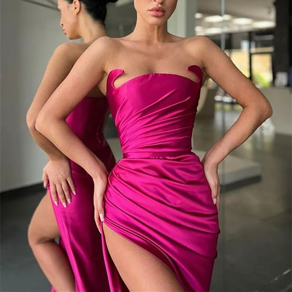 

Sexy Satin Strapless Sleeveless Floor Length Prom Gowns Chic Formal Banquet Long Dresses Side Slit Hand Pleat Evening Dresses