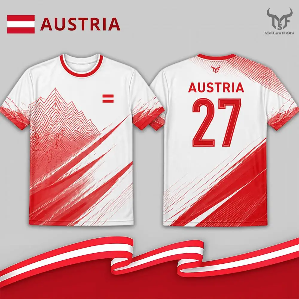 Image of Fußball-T-Shirt mit Österreich-Flaggendruck Herren Outdoor Freizeit Sporttrikot Sommer Schnelltrocknend Atmungsaktiv Anpassbare Nummer Fußball-Shirts